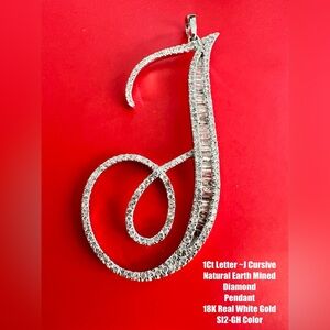 1carat Cursive Letter J Natural Earth Mined Diamond Pendant in 18K White Gold.